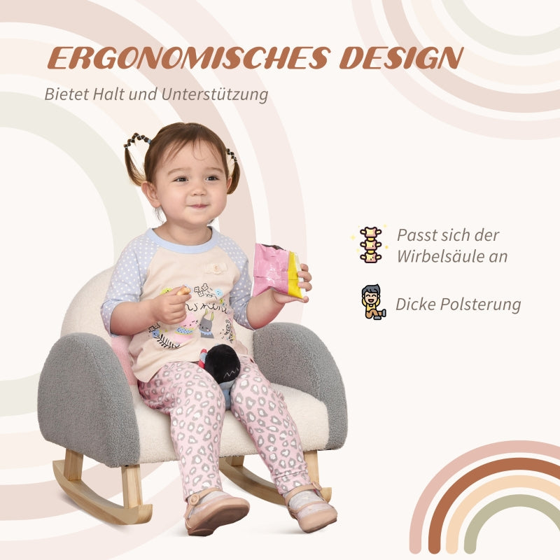 Toddler Rocking Chair, Faux Sheepskin, Eucalyptus Wood, Grey+Pink+Cream