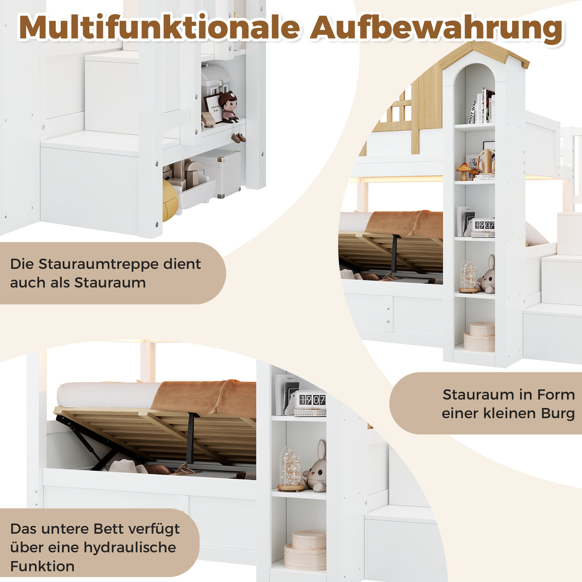 Bunk Bed with Hydraulic Lift & Storage Stairs, Solid Wood White