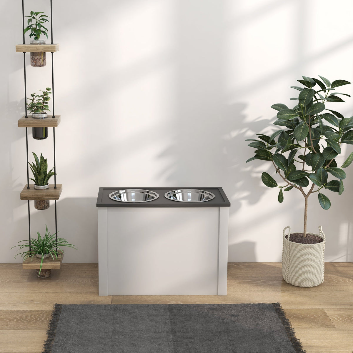Dog Bowl, Feeding Station with Storage, 2L Stainless Steel Bowls, White
