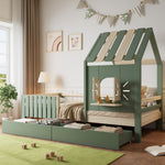 Children's House Bed with Roof, Window, Fence, 2 Drawers, 90x200cm - Pine/MDF Green/Natural