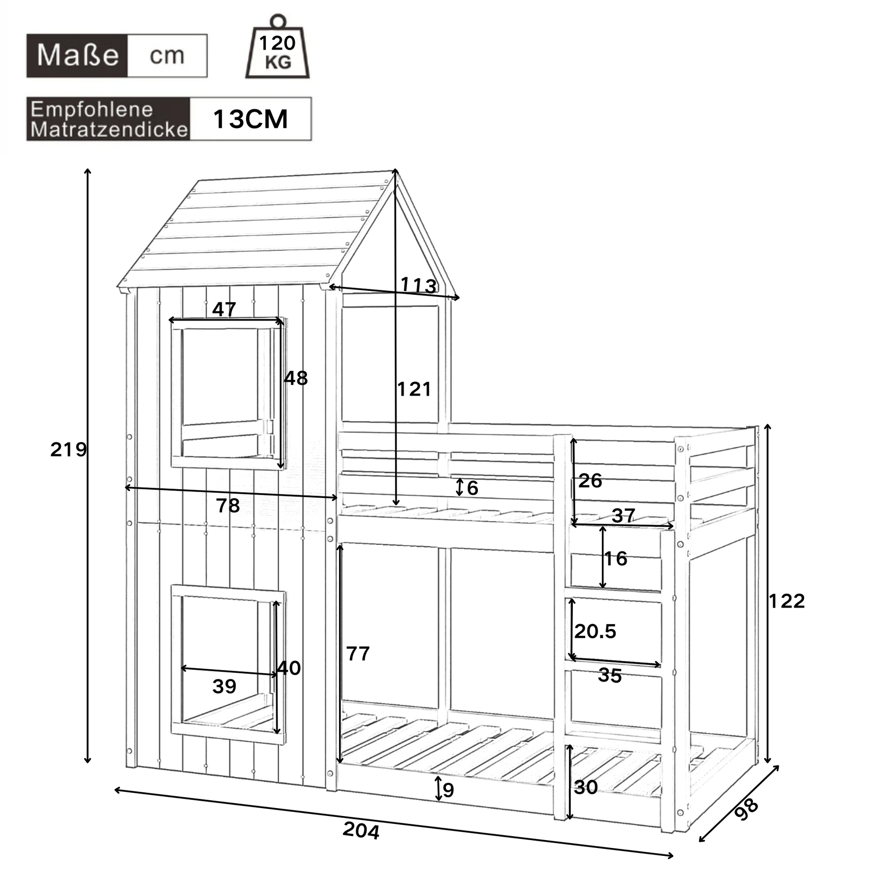 Bunk Bed 90x200cm House Bed with Ladder and Canopy Solid Wood Grey