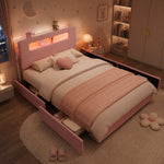 Children's Upholstered Bed 140x200cm with 4 Drawers & LED, Pink