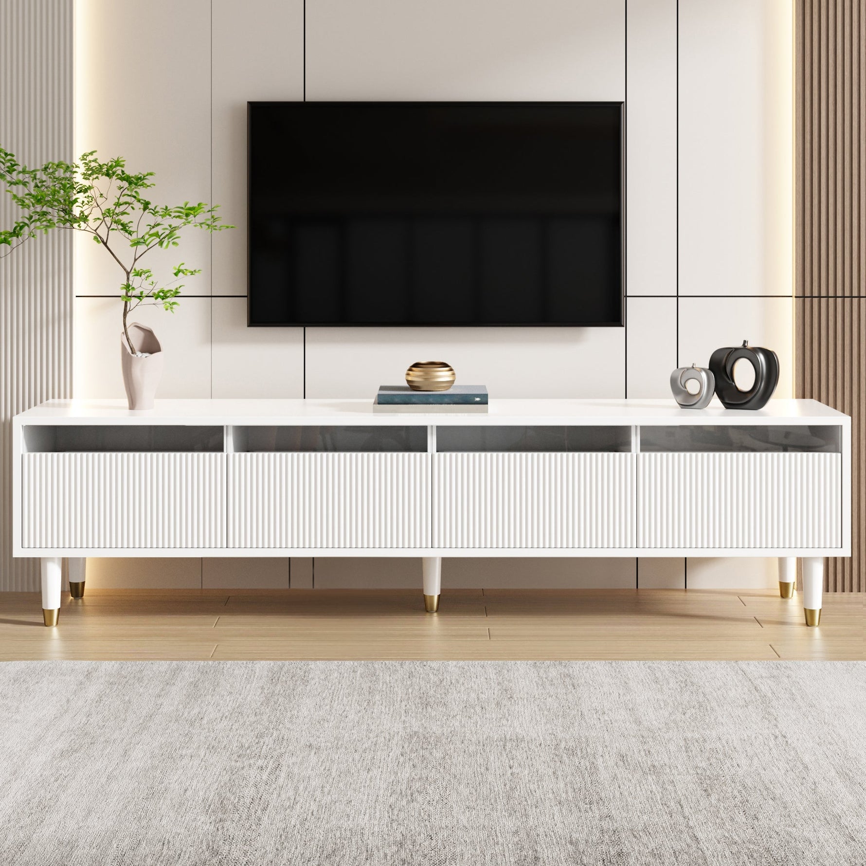 TV Cabinet 178cm, Minimalist Design, 4 Drawers, White MDF & Acrylic