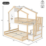 Bunk Bed with Storage Ladder and House Railing, 90x200cm and 140x200cm, Natural and White