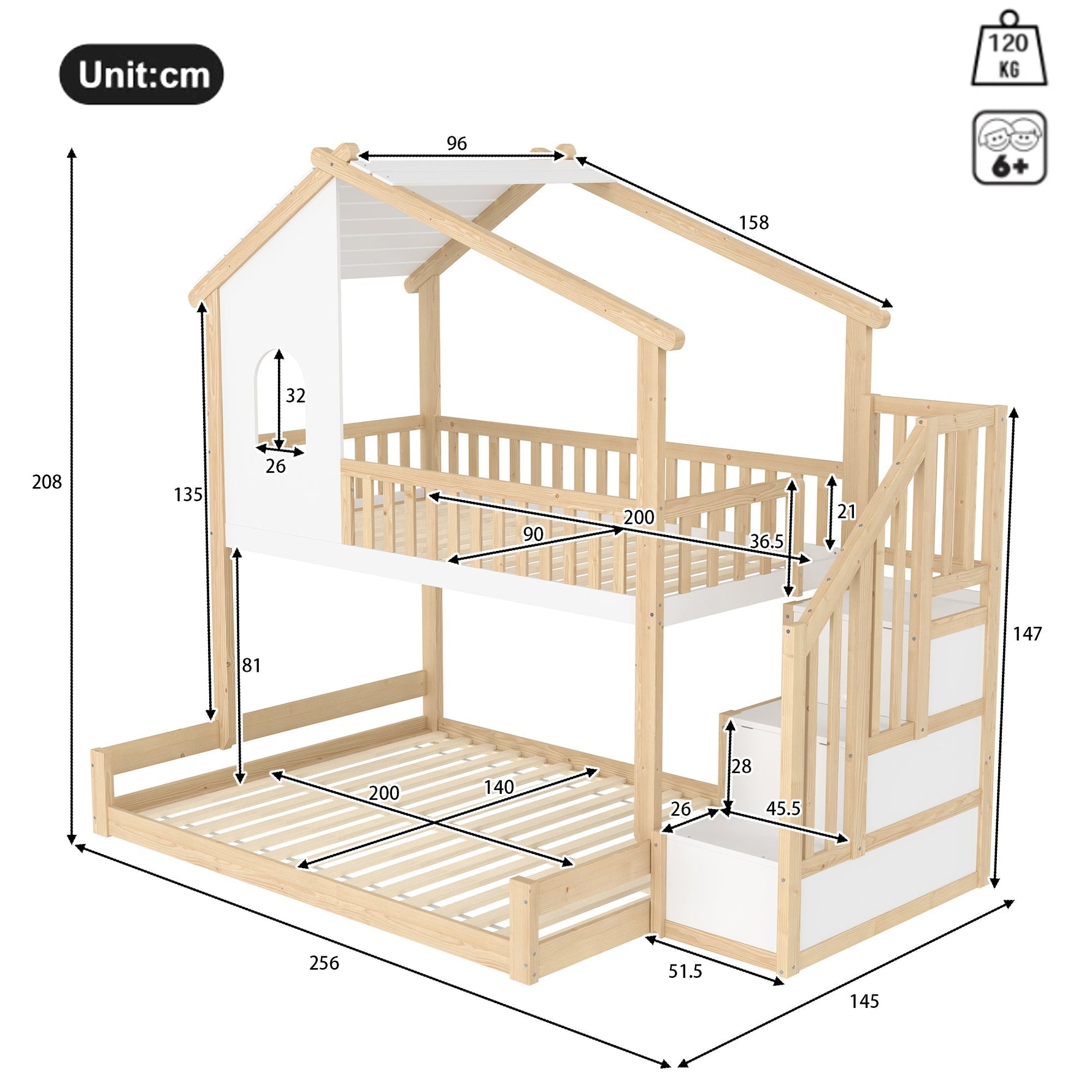 Bunk Bed with Storage Ladder and House Railing, 90x200cm and 140x200cm, Natural and White