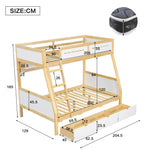 Bunk Bed, 3 Drawers, Book Stand, Fenced, Stepladder, Pine + MDF + Plywood, White + Natural