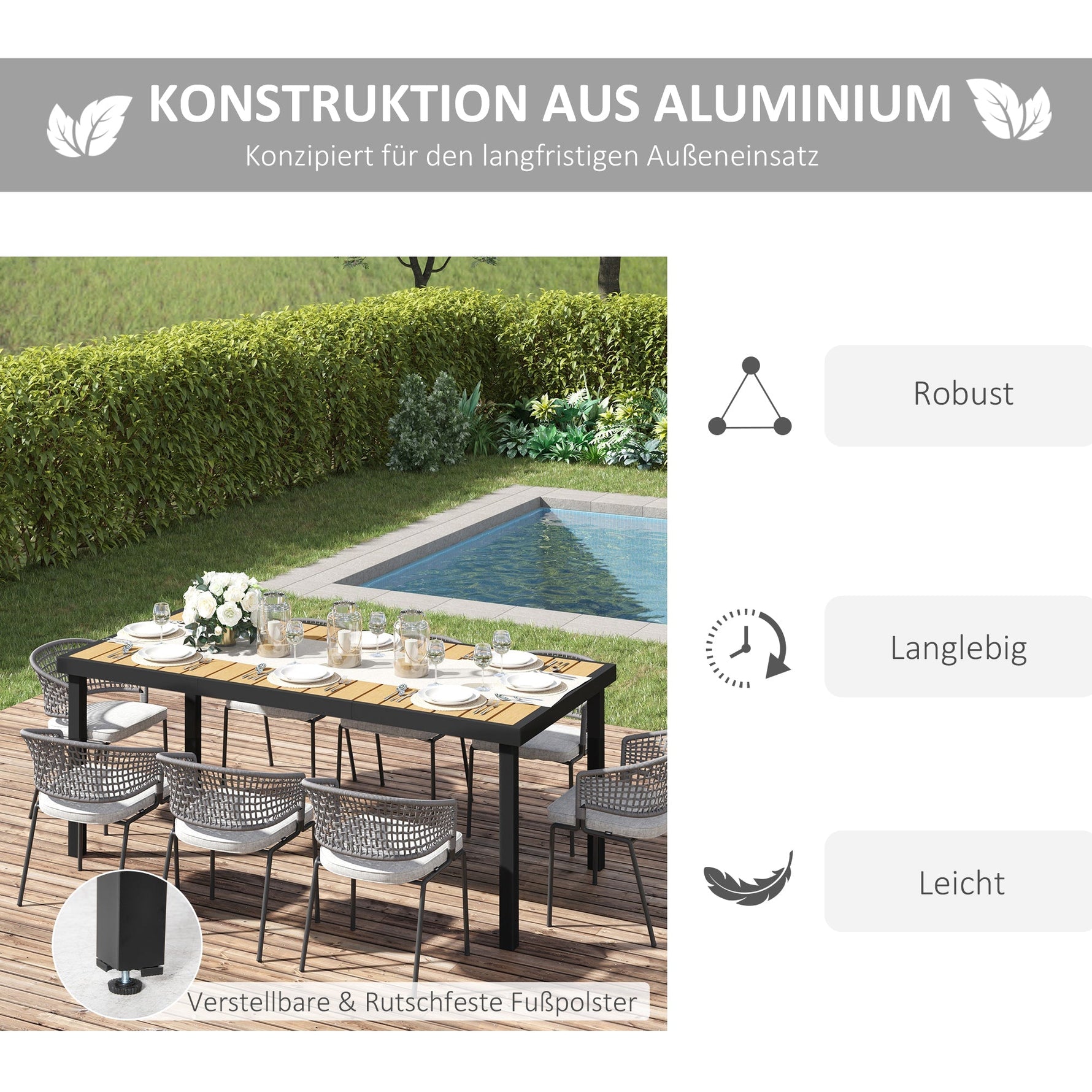 Garden Table Dining Aluminium 8-Person 190x90cm Easy-Care Natural & Black