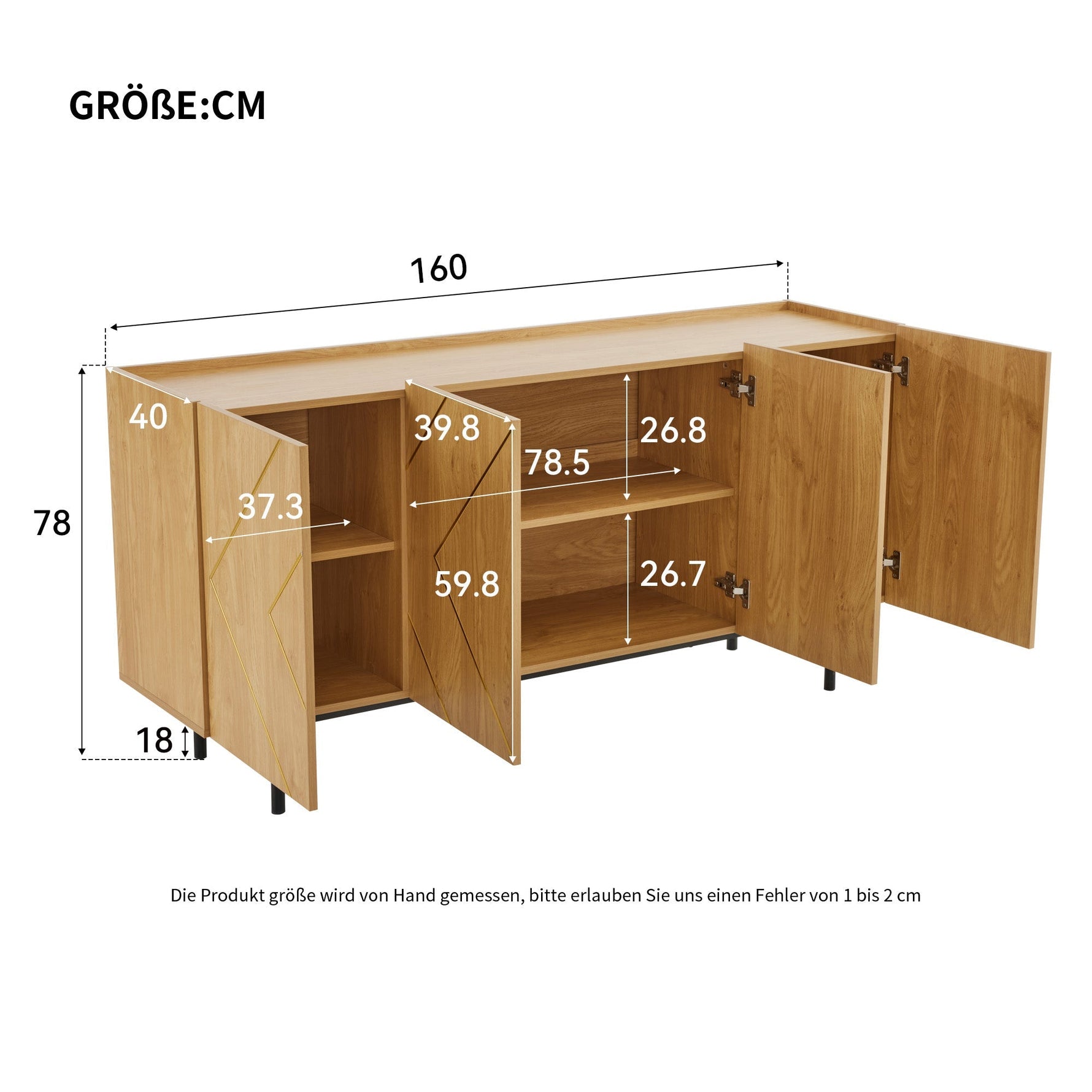 Sideboard living room buffet cabinet with 4 doors and metal inlay natural wood