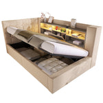 Upholstered Single Bed with LED, Hydraulic Storage and L-Shaped Headboard, 90x190cm, Beige Linen Fabric