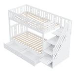 Children's Bunk Bed with Safety Stairs, Storage Drawers, Slatted Base, White Solid Wood