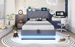 Children's Bed, Upholstered with Lights, USB, Storage, Gray Linen