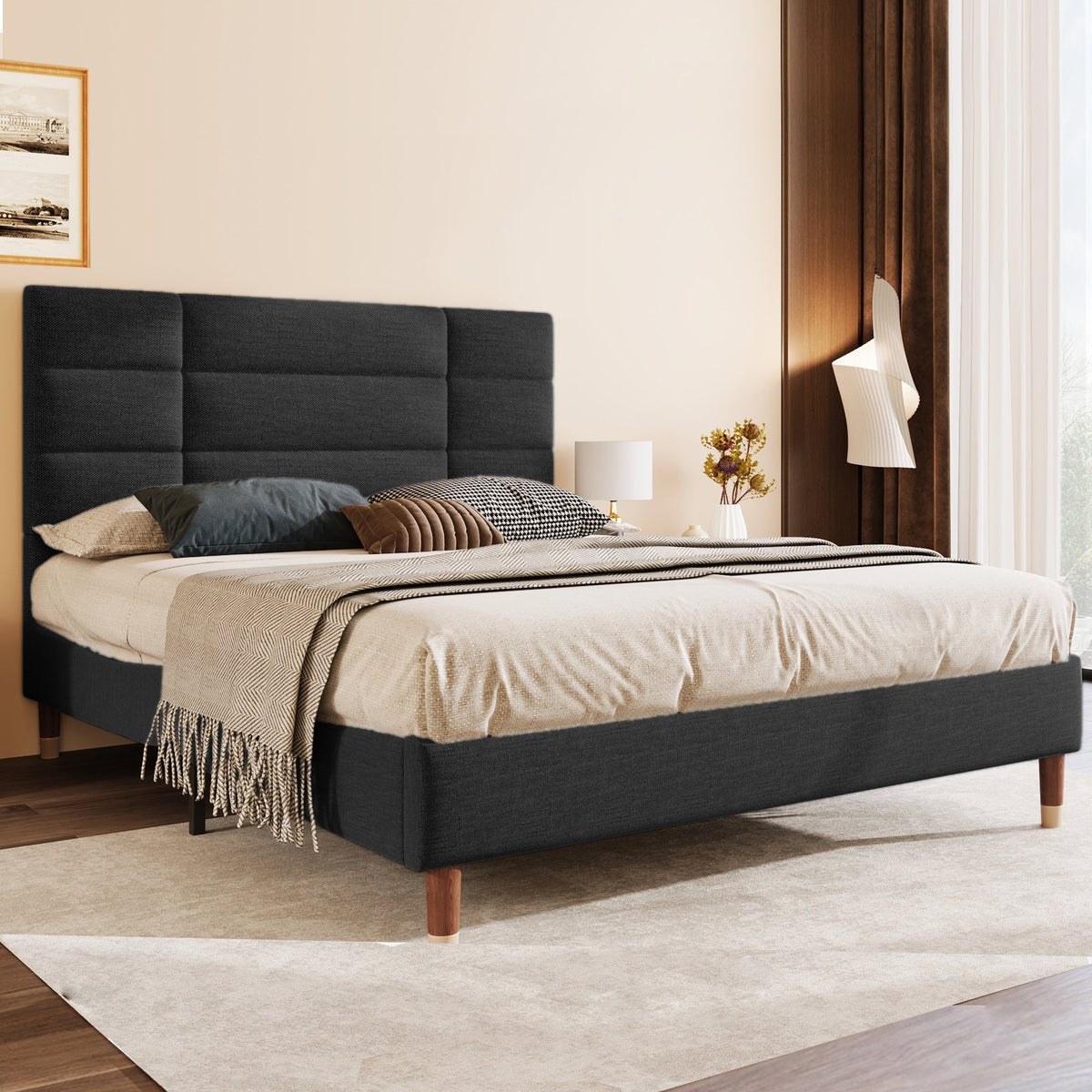 Upholstered bed, double with slatted frame 140x200cm, black linen