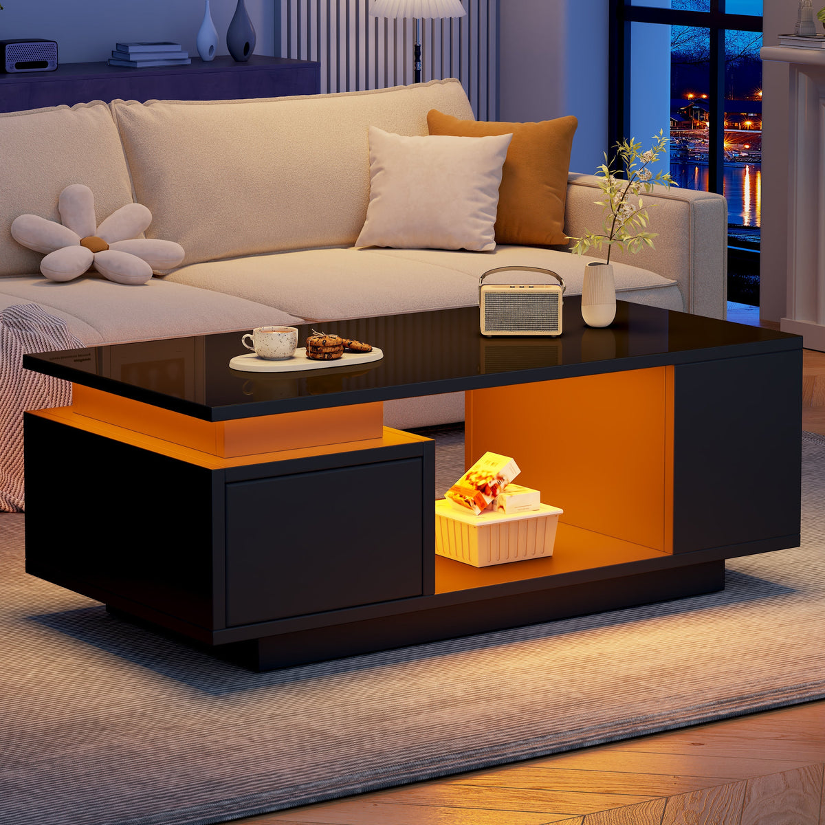 Coffee Table 100x50x36cm High-Gloss LED with Drawer Side Storage Black