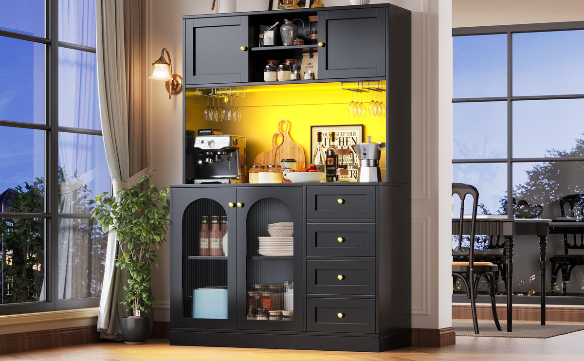 Sideboard Buffet Cabinet with 4 Doors, LED Light and Drink Holders, Black and White