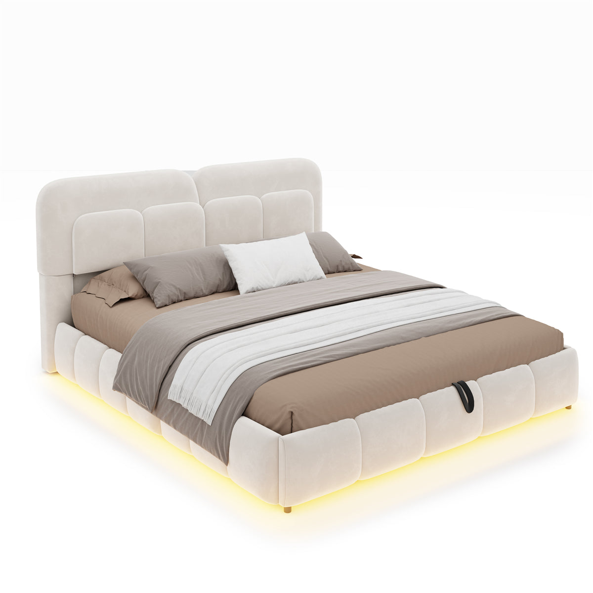 Upholstered Double Bed 140x200 Light Strip Storage Beige Velvet