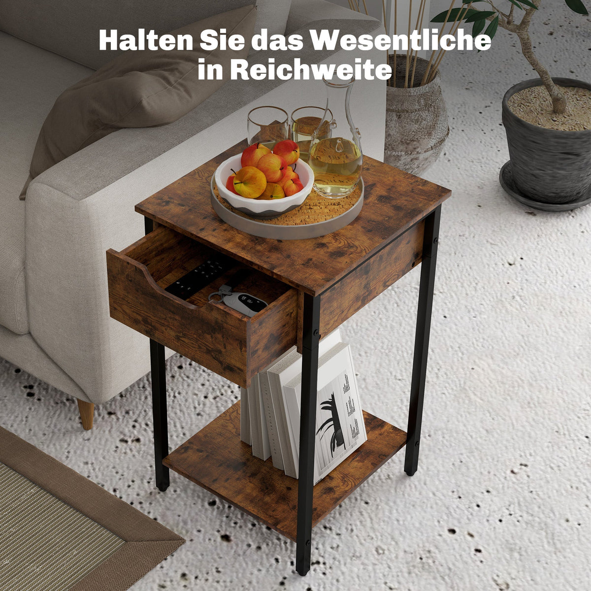 Side Table, Industrial Design Coffee Table with Steel Frame, Rustic Brown