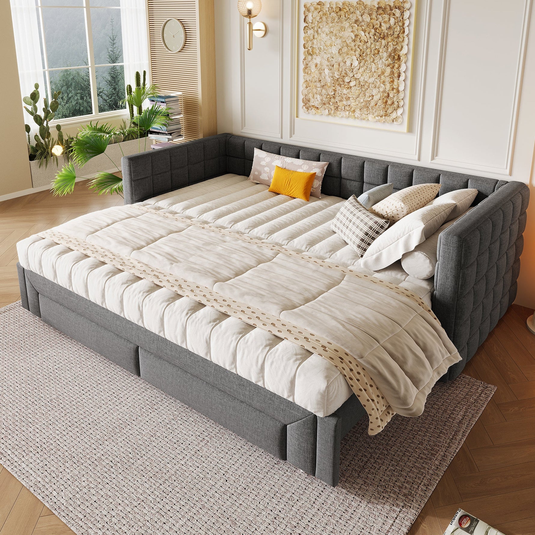 Daybed with Square Backrest and 2 Storage Drawers, Extendable to 180cm, Grey Velvet