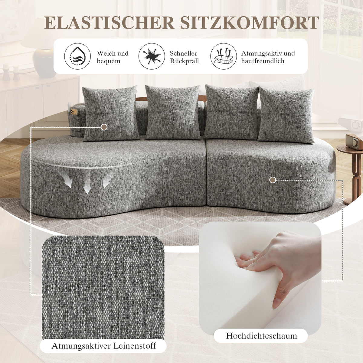 Linen Sofa with 4 Cushions, Cup Holder and Side Pocket, Light Grey