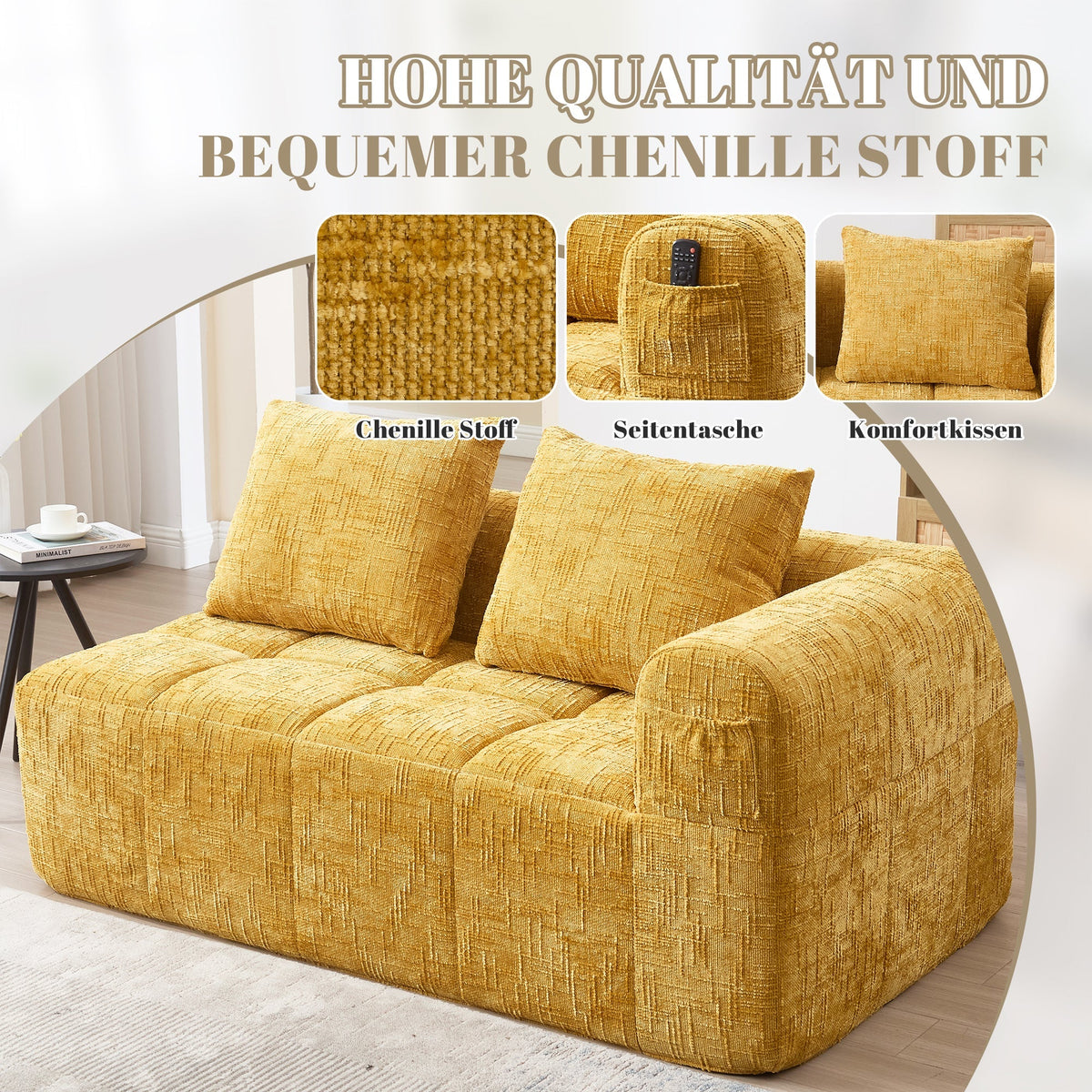 2-Person Sofa, Plush Cushion Side Pockets, Yellow