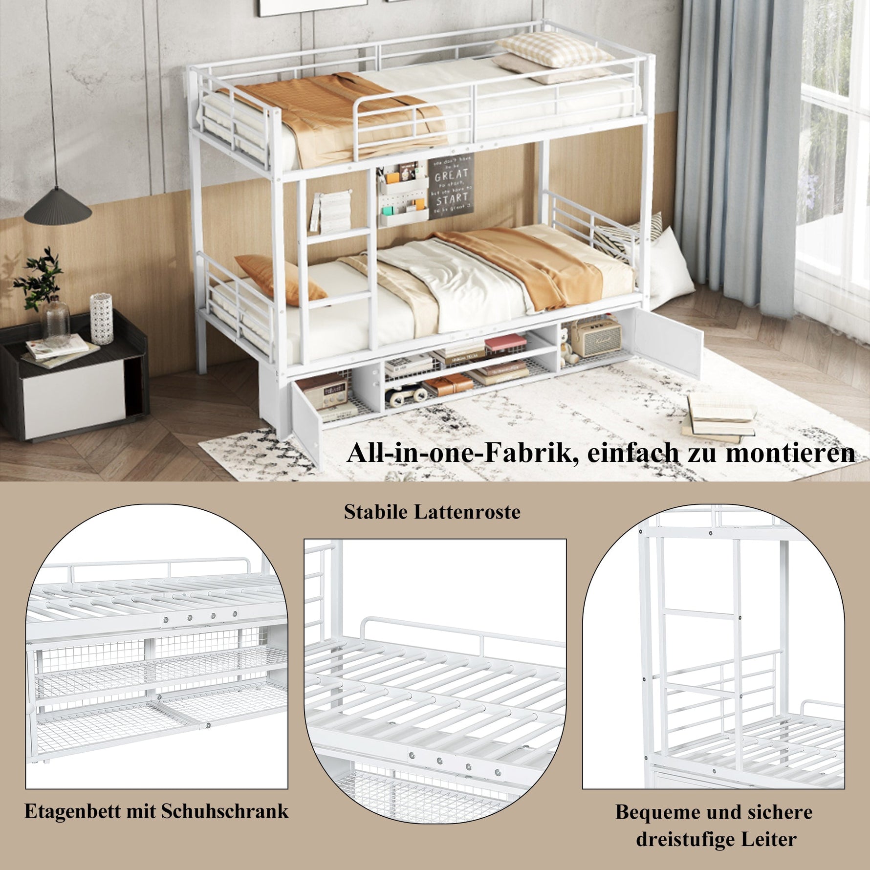 Iron Bunk Bed with Storage, Ladder, and Safety Rail, 90x200cm White