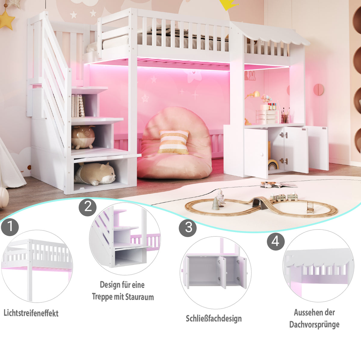 Wooden Loft Bed 90x200cm with Wardrobe & Storage Stairs, White