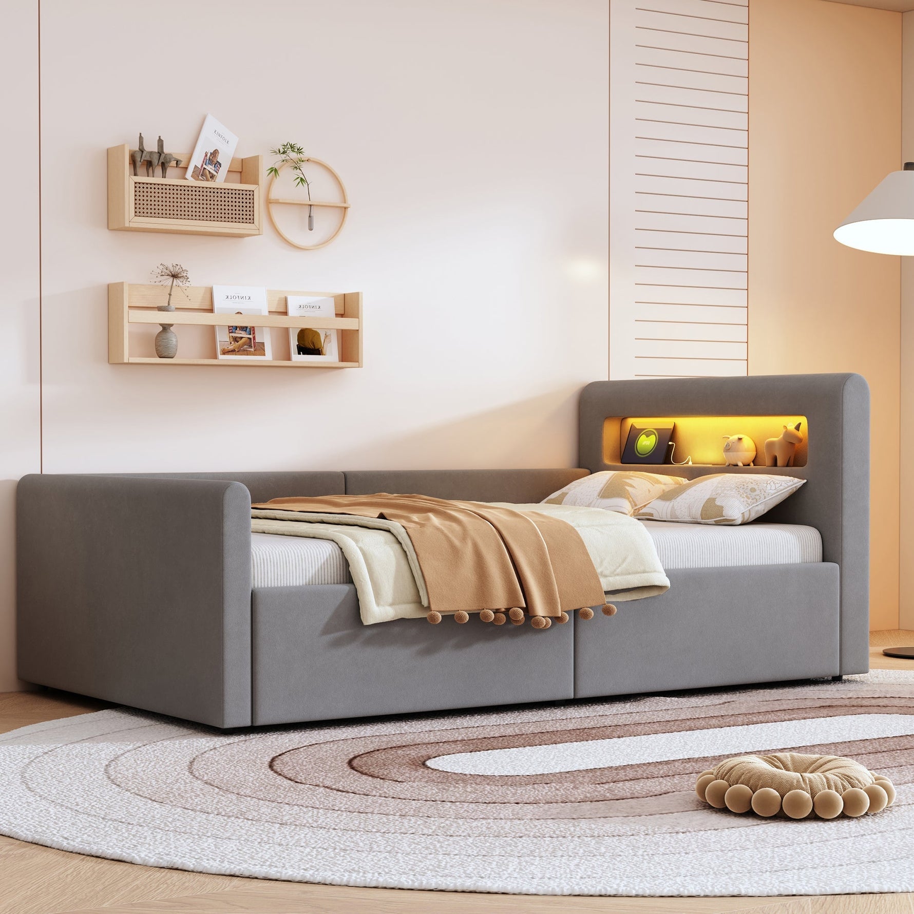 Upholstered Children's Bed 90x200cm LED USB Hydraulic Storage, Light Grey Velvet