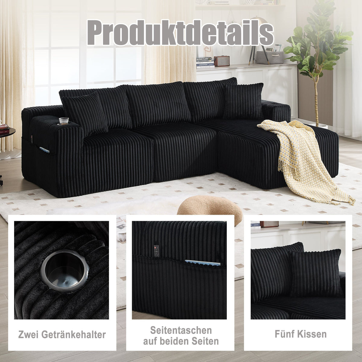 Modular Sofa Set Chaise Longue & 2-Seater with Pockets, Corduroy Fabric