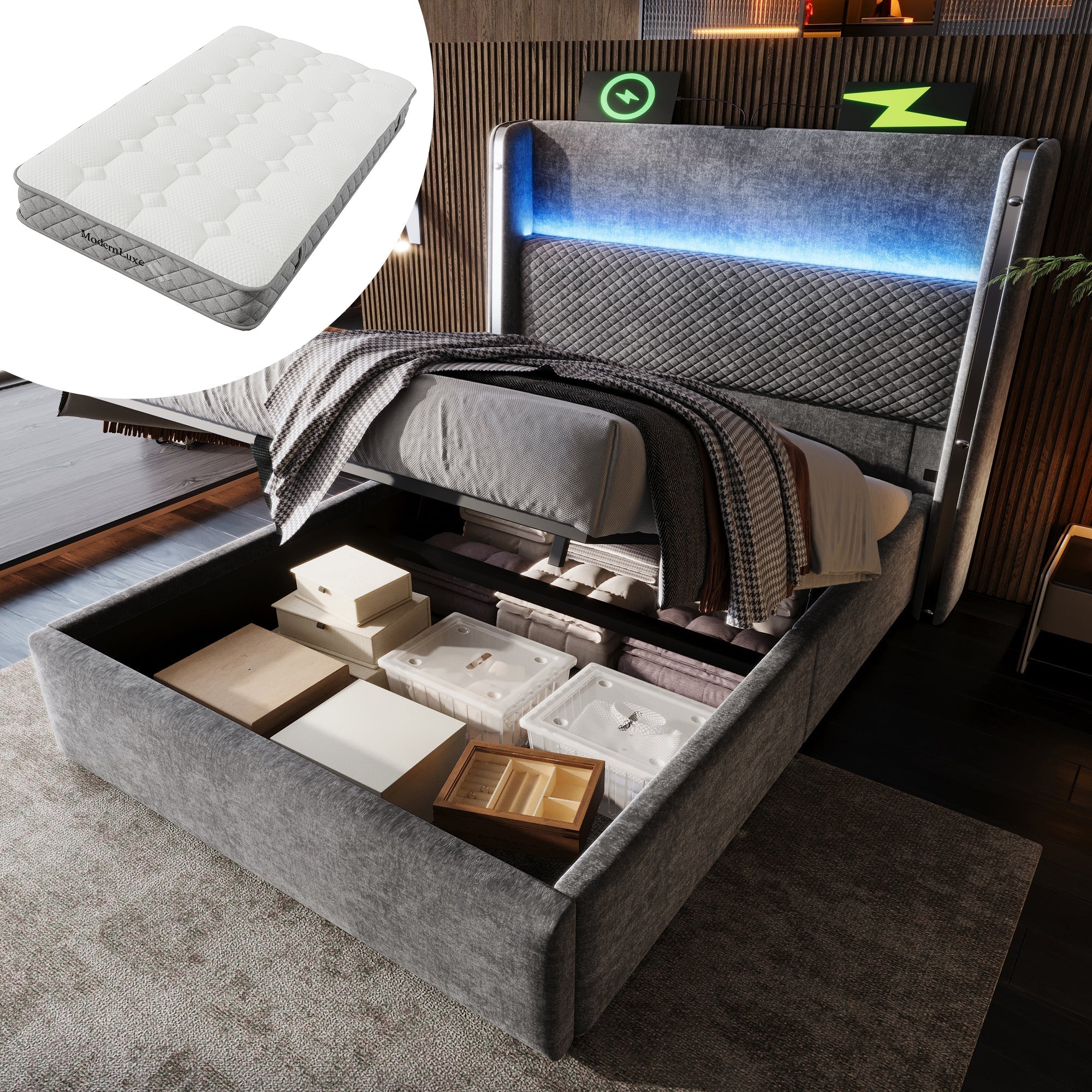Modern Hydraulic Bed 90x200cm, High Headboard LED Storage USB/Type-C, Linen Look Grey