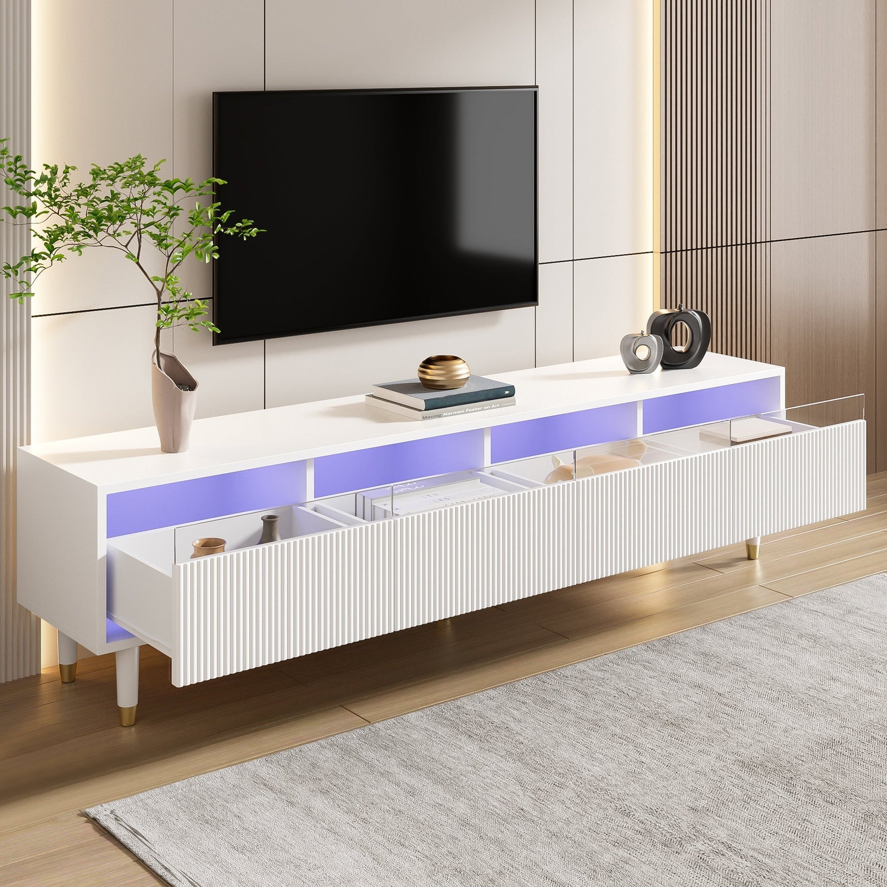 TV Cabinet 178cm, Minimalist Design, 4 Drawers, White MDF & Acrylic