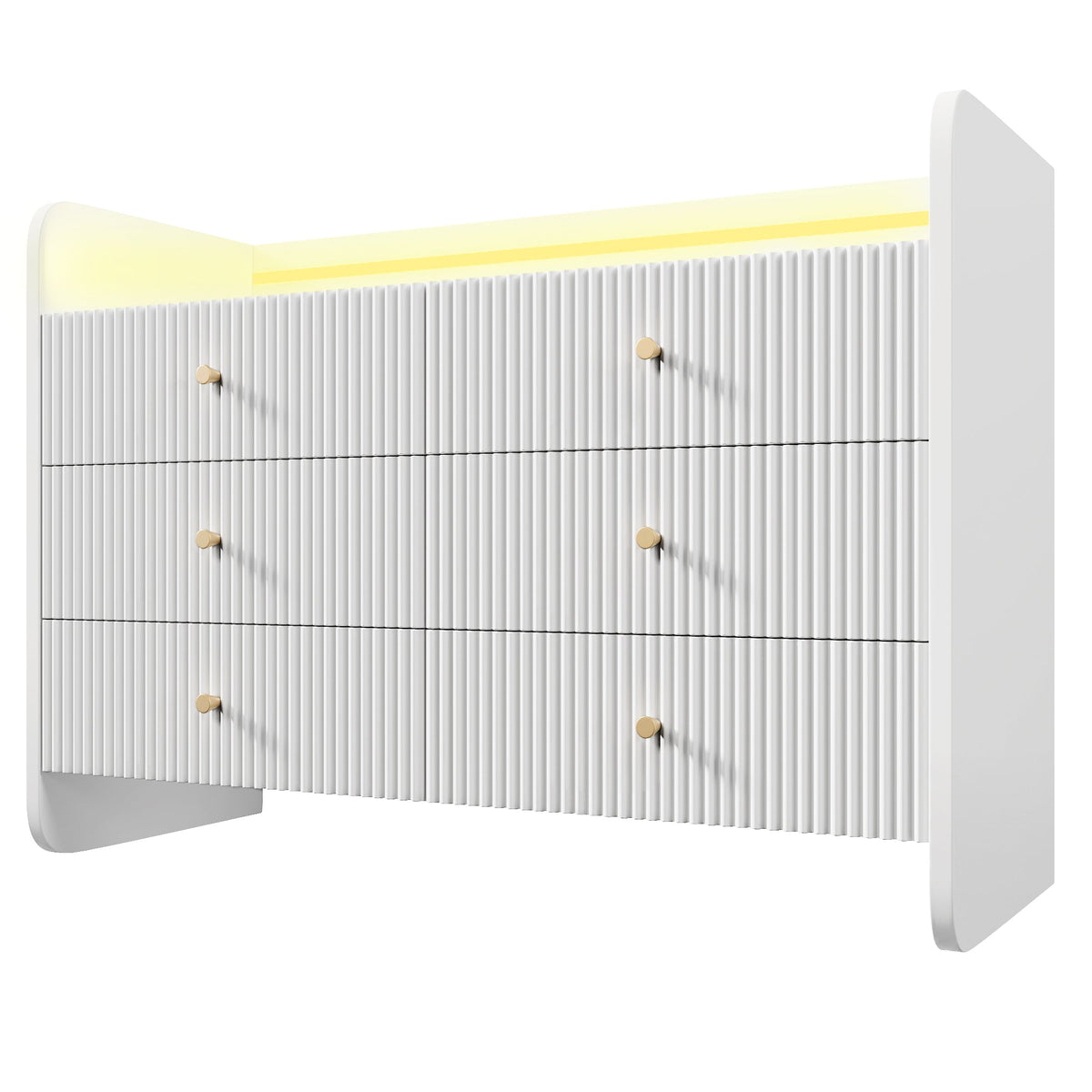 Sideboard, LED Lighting, 6 Drawers, Wave-Shaped Groove, White