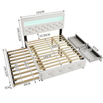 Upholstered Bed 140x200cm Pull-out Bed 2 Drawers Bedside Light Strip - White
