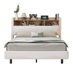 Suspended Design Upholstered Bed 140*200, Multifunctional Storage with LED, USB & Type-C, Linen Fabric Beige