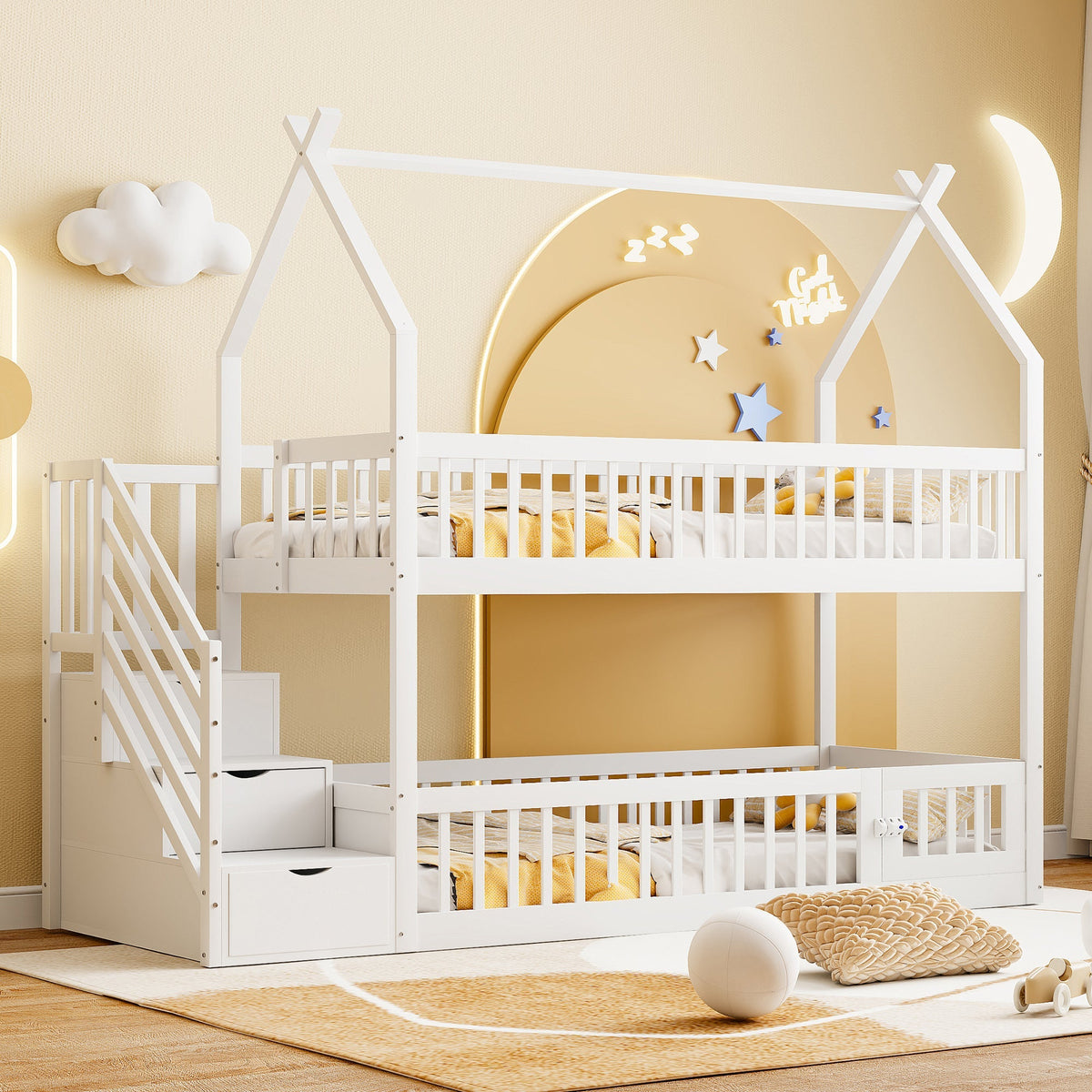 Children's Bunk Bed, 90x200, with Roof, Safety Ladder & Storage Drawers, Solid Wood White