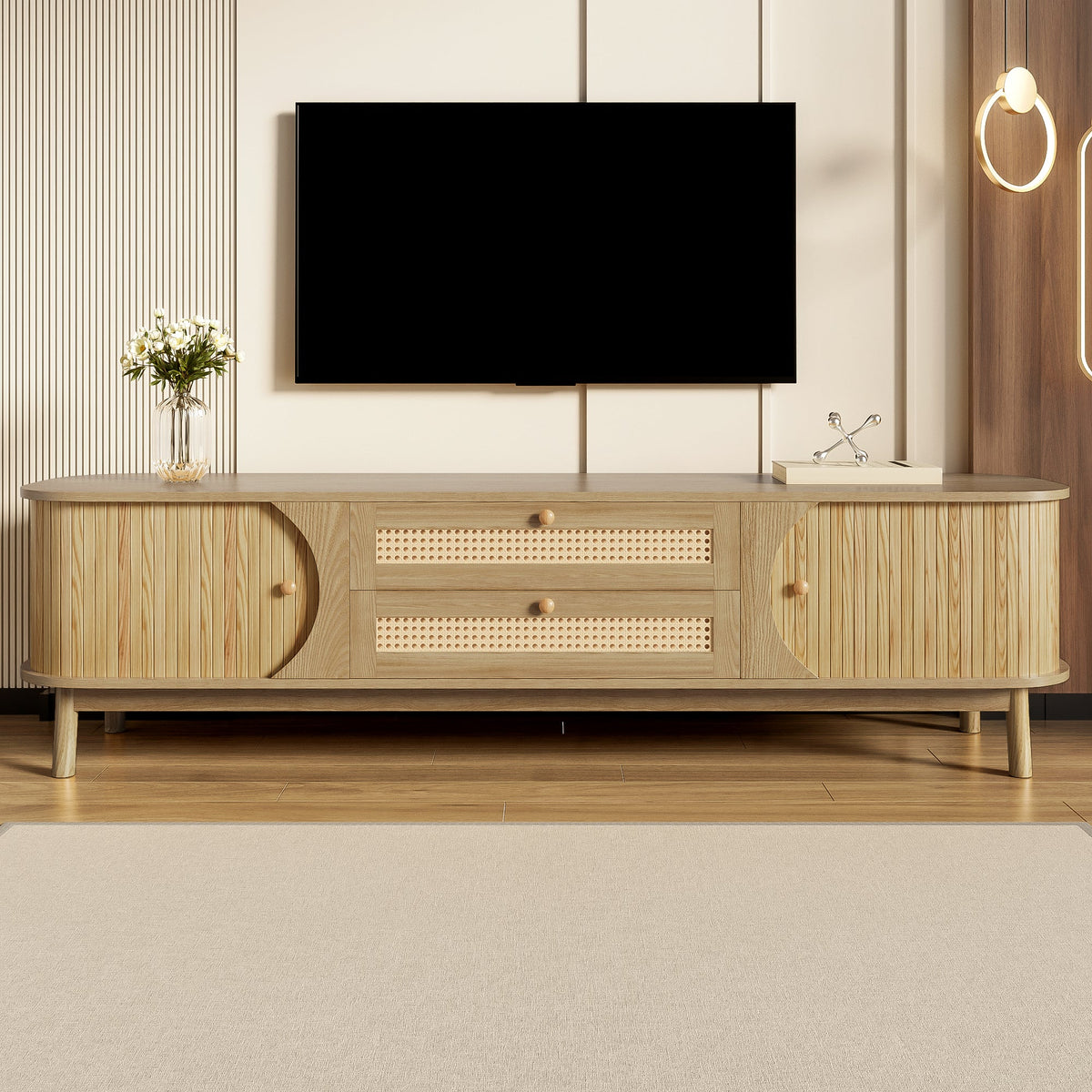 TV Cabinet with Doors, Drawers & Rattan Sides - Natural Wood Blend