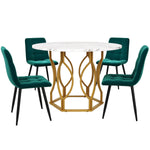 Dining Table Set 5-Piece Round 100cm Gold Metal Legs White MDF Dark Green Velvet