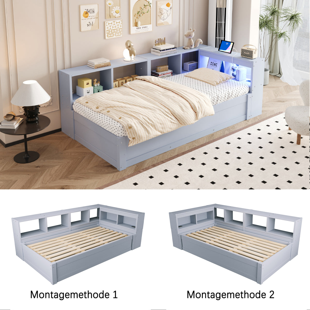 Sofa Bed 90x200cm with Storage, Socket & LED, Grey Wood