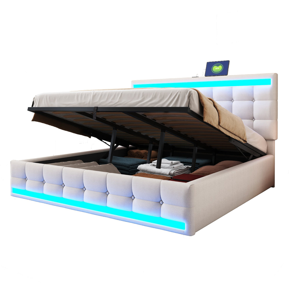 Upholstered Bed, Hydraulic Storage with USB & LED Light Strip, Beige Linen