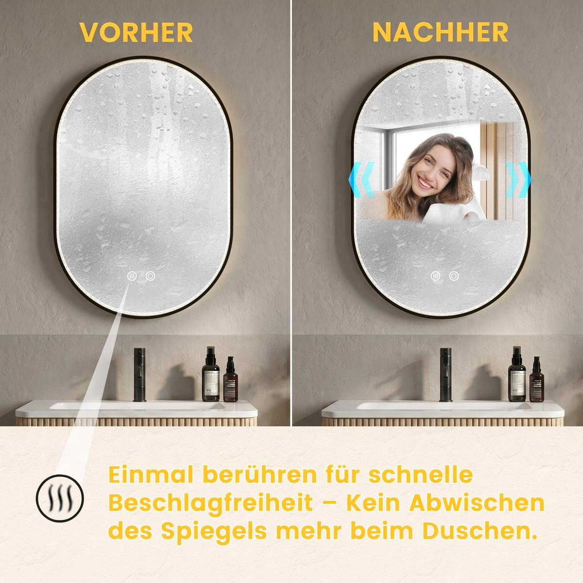 Oval Bathroom Mirror 50x80cm LED Anti-Fog Black Frame
