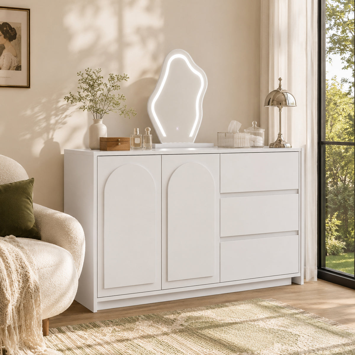 Dressing Table with LED Mirror & Extendable Tabletop, White