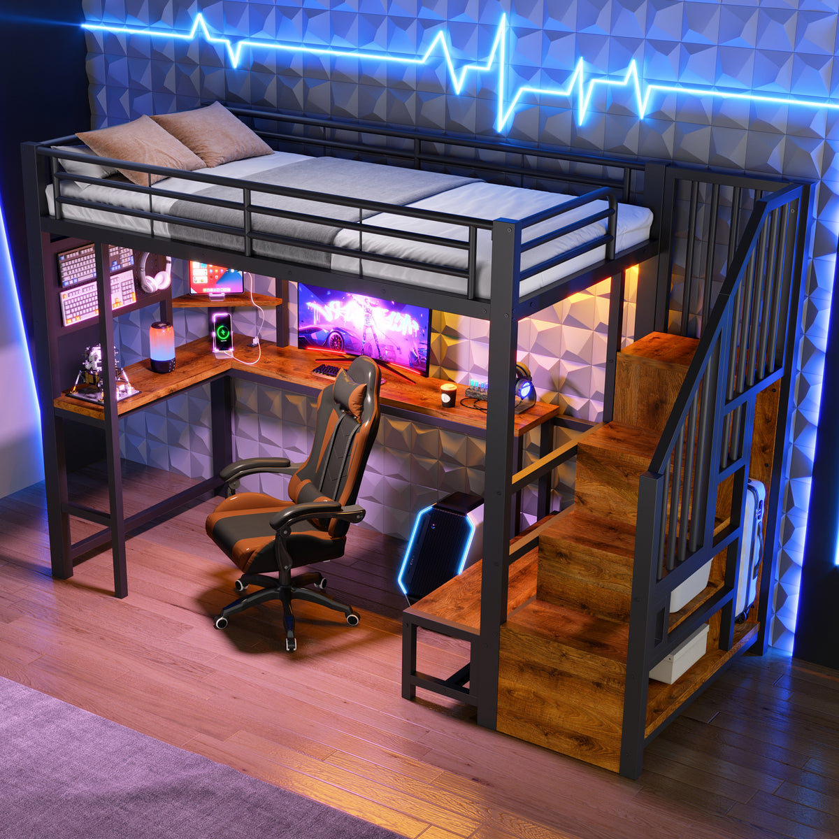Loft Bed 90x200cm with Desk, LED Lighting & Storage, Black