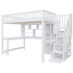 Loft Bed with LED Lights, Storage Ladder, Shelves and Desk, 140x200cm, White