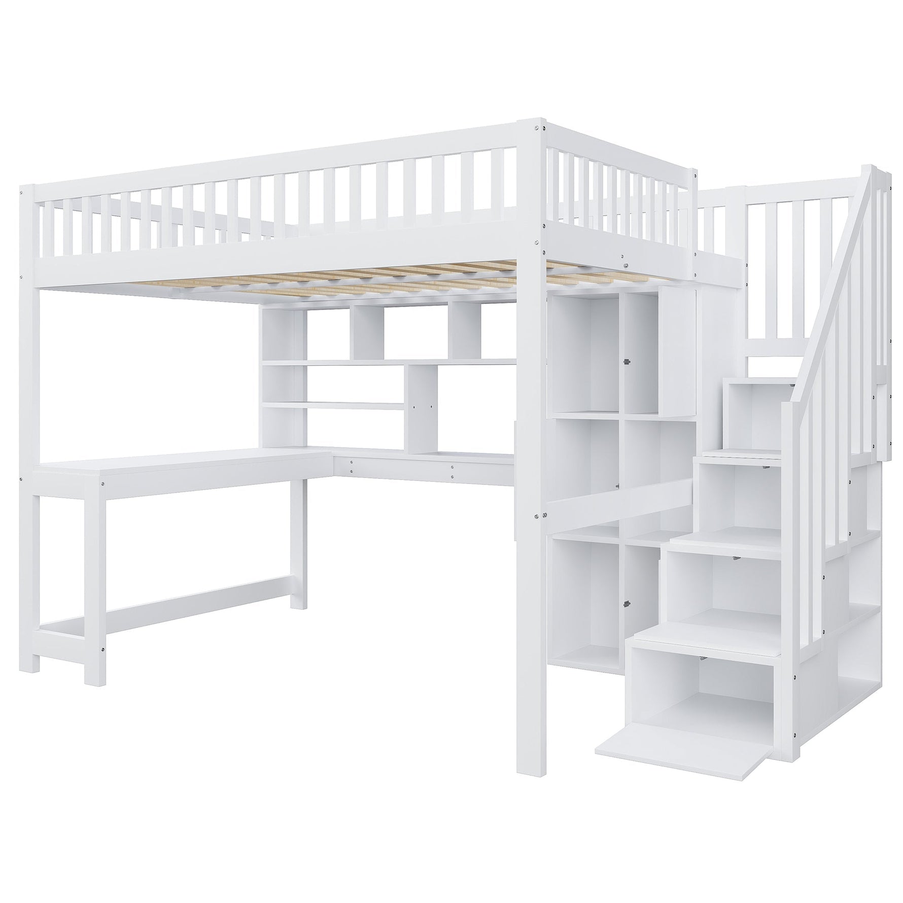 Loft Bed with LED Lights, Storage Ladder, Shelves and Desk, 140x200cm, White