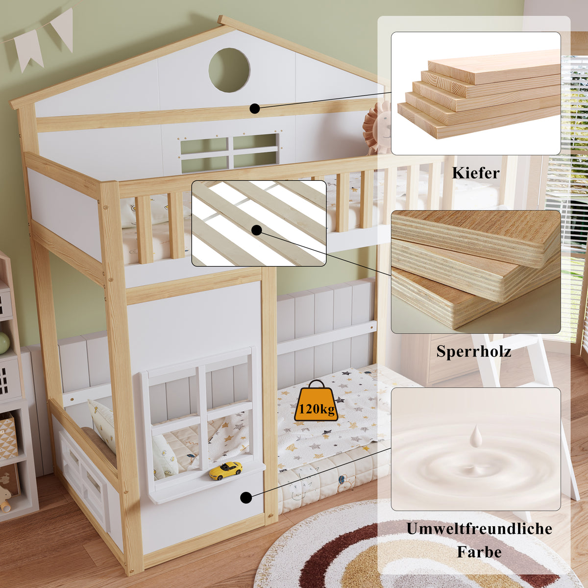 Bunk House Bed with Stairs & Roof 90x200cm, White & Natural