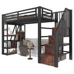 Loft Bed with Storage Steps and LED Light Strip, Black Iron Frame