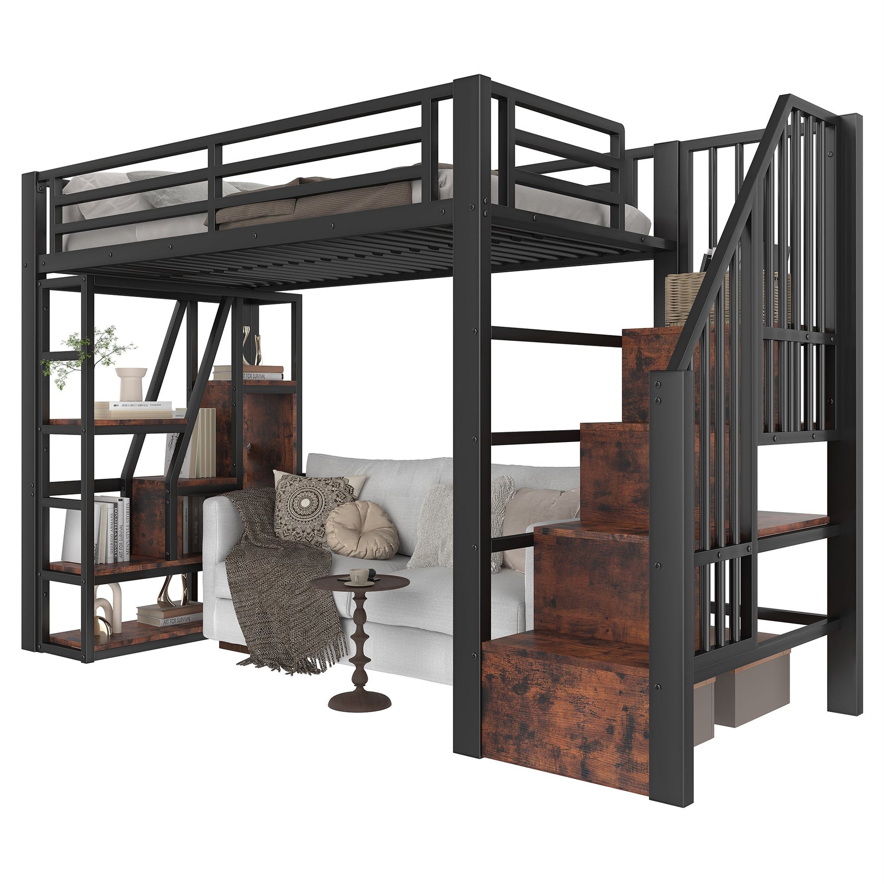 Loft Bed with Storage Steps and LED Light Strip, Black Iron Frame