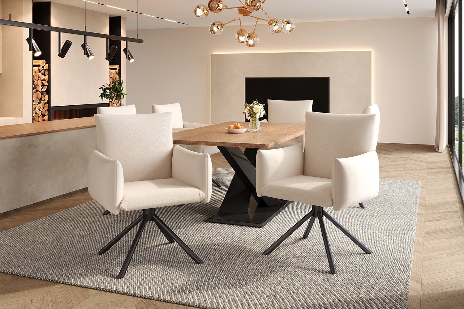 Dining Chair Set of 2 Upholstered 360° Swivel Lumbar Support - Linen Beige
