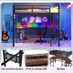 Loft Bed with Desk, LED Lights, Pegboard and Charging Ports, Black Iron Frame