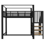 Metal Loft Bed 90x200cm with Canopy, Desk & Storage Steps, Black