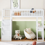 Loft Bed with Multifunctional Table and Storage Stairs, 90x200cm, White Pine Wood