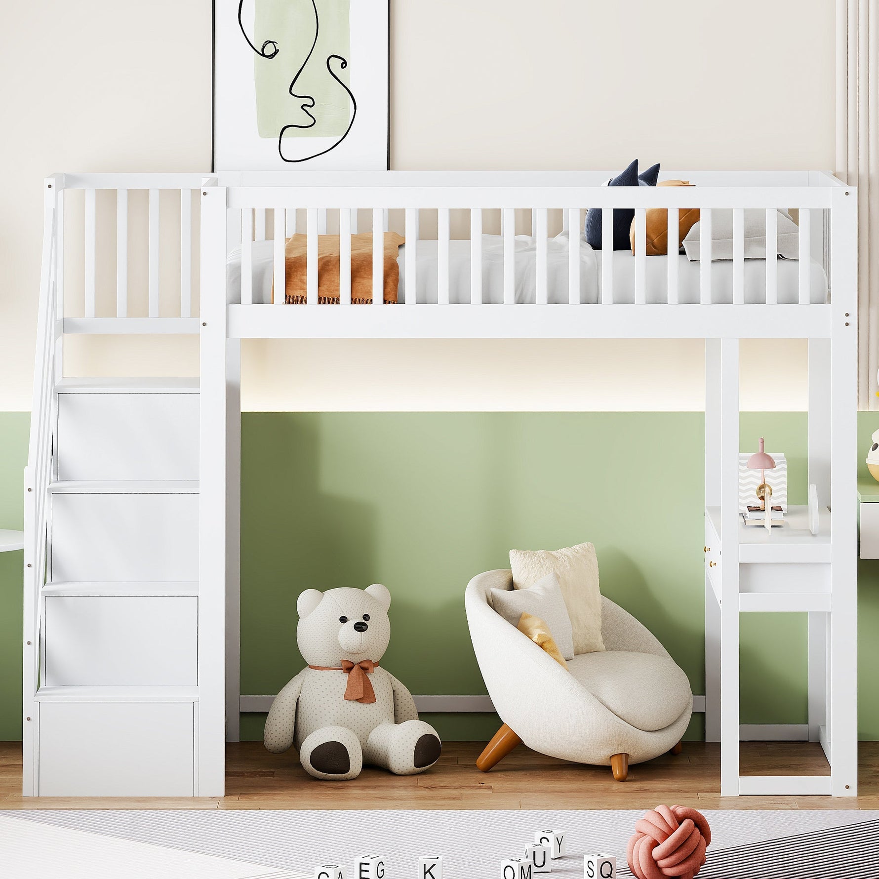 Loft Bed with Multifunctional Table and Storage Stairs, 90x200cm, White Pine Wood